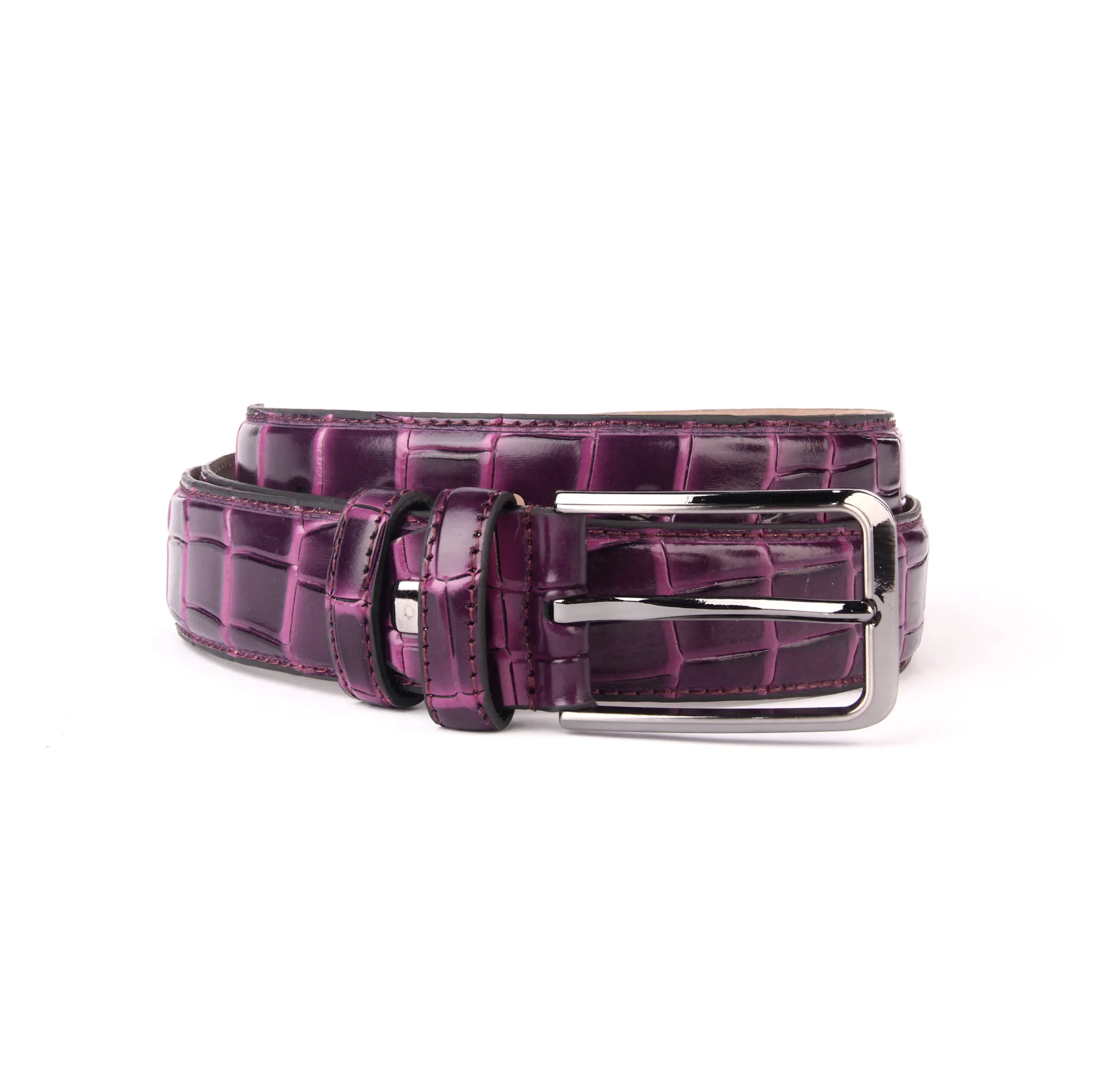 Handmade Purple Leather Belt, Embossed Croco Alligator Skin Pattern, Real Calfskin, Moc Croc Men's Fashion Accessories Jeans