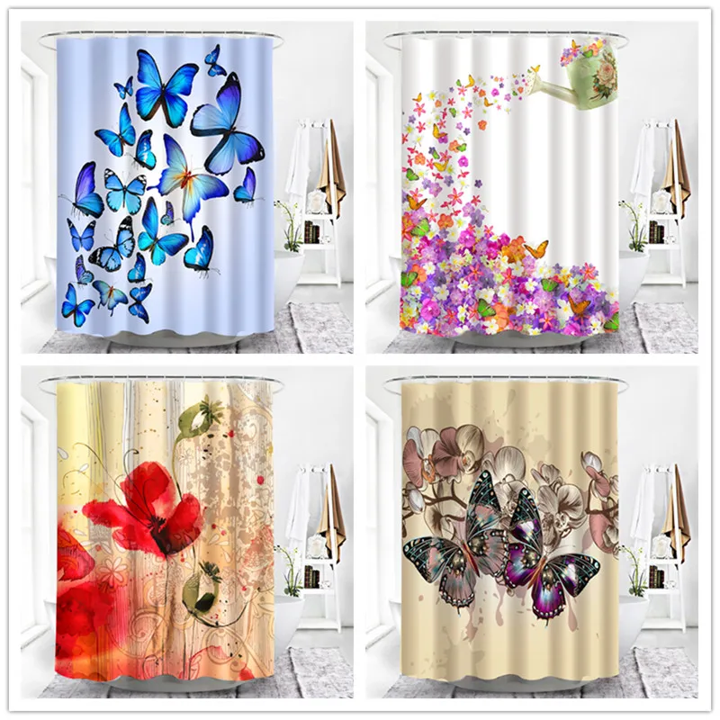 Blue Butterfly Home Decor Curtain Blackout Screen For Girls Room Bath Product Bathroom Shower Curtains Living Room Wall Curtains