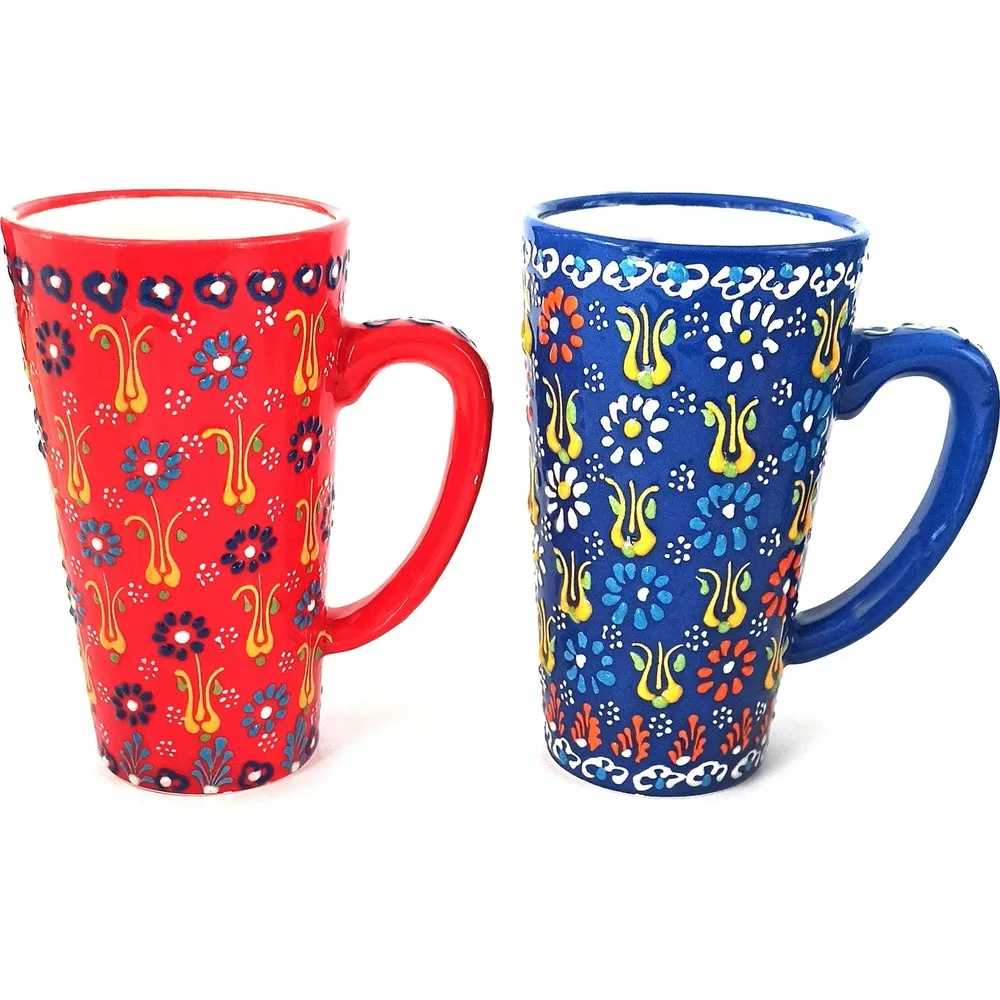 Handmade Ceramic 2s Latte Cup Set - Red & Blue Color 500ml Latte Ceramic Glass Handwork Made in turkey