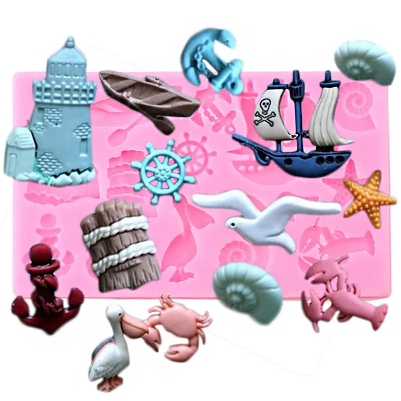 Marine Series Sailboat Anchor Conch Seagull Starfish Silicone Mold Fondant Molds Cake Decorating Tools Chocolate Gumpaste Moulds