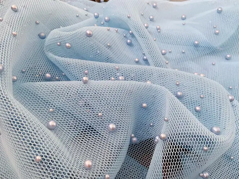 1 yards Light Blue Mesh Fabric With Pink Pearls Pearl Bead Net Fabric For Couture 2021 New Arrival