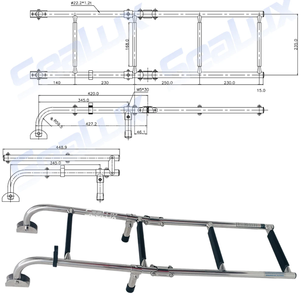 Sealux Stainless Steel 304 2+2 Steps Folding Ladder for Marine Boat Yacht Boarding ladder