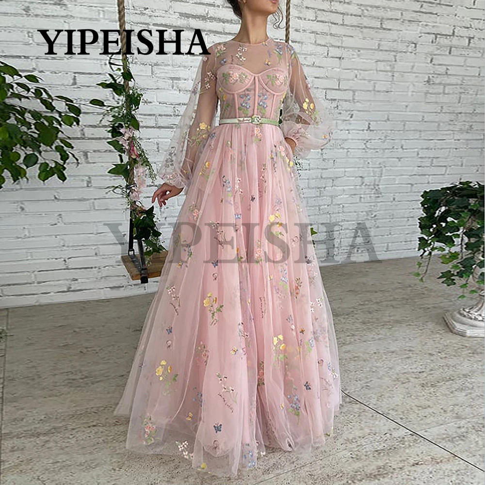 Vestidos De Noche transparentes con cuello redondo personalizados, batas De fiesta De manga larga acampanadas, tren De barrido, vestido De fiesta De princesa rosa, Vestidos F