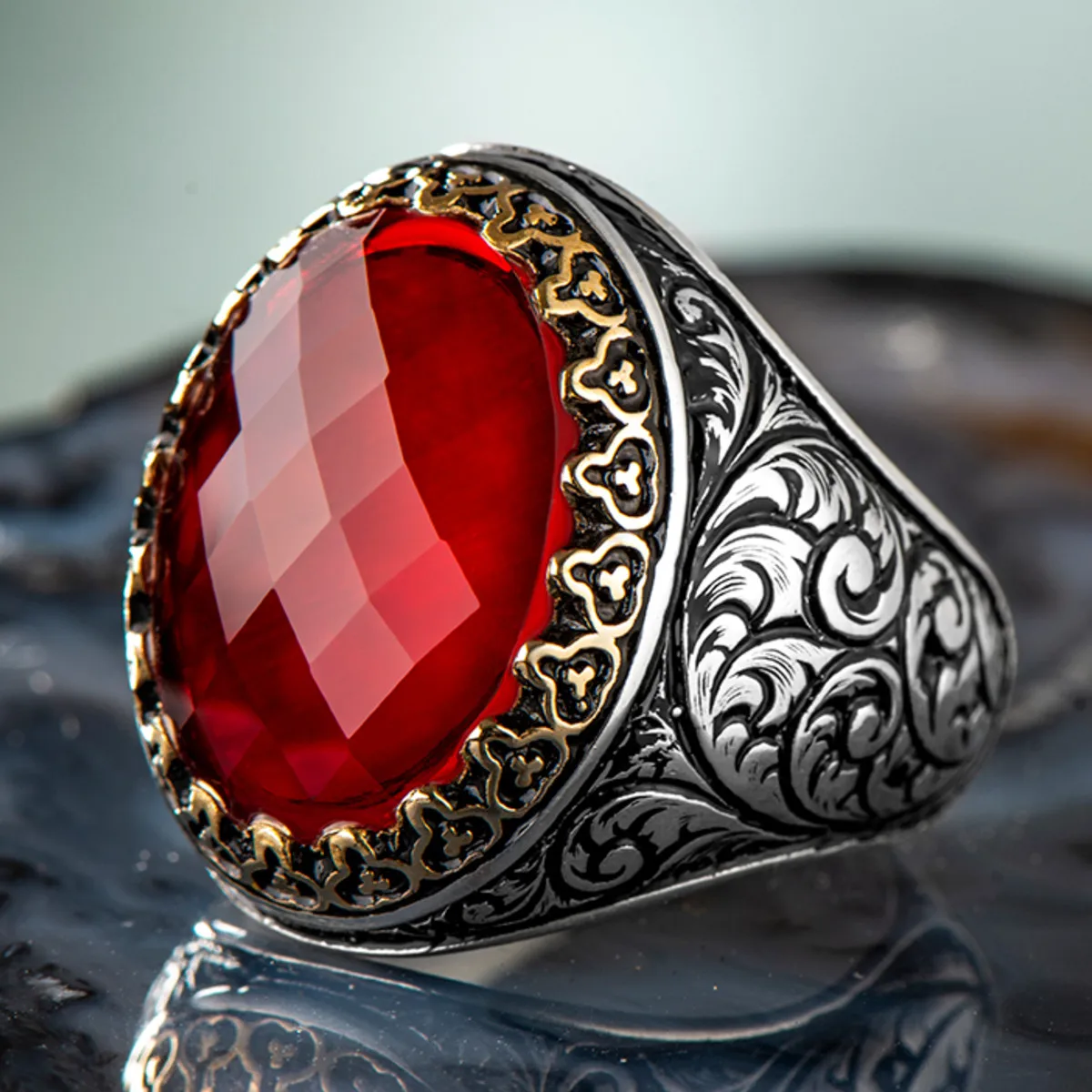 

925 Sterling Silver Facet Cut Red Zircon Stone Men's Ring with Hand Made Ornaments Design Exclusive Ring for Men Made in Turkey