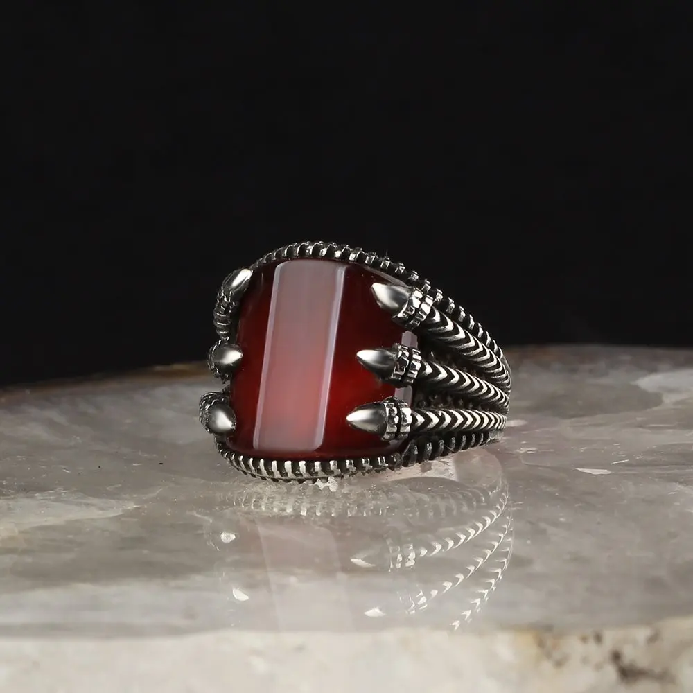 

Men's 925 Sterling Silver Ring, Red Agate Stone, Gift for Men Jewelry, Vintage, real Natural Stone Free Shipping Turkish Style