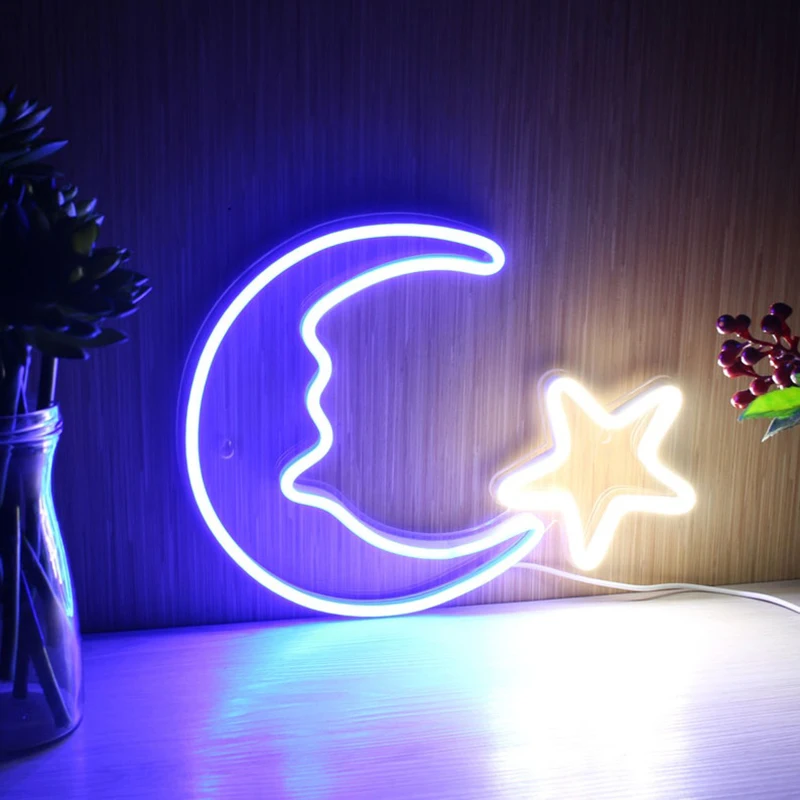 Moon & Star Space Flex LED Neon Sign Lamp Wall Art Gifts for Decorations Apartment Home Party Decoration LED Room Decor For Kids