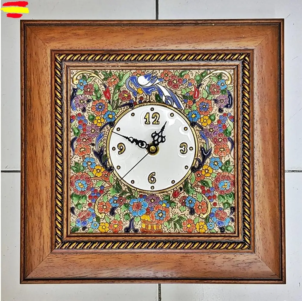 Wooden framed wall clock 30 cm/12 inch-Spanish ceramic-enamelled made to mane-gold 24 k-home and decoration