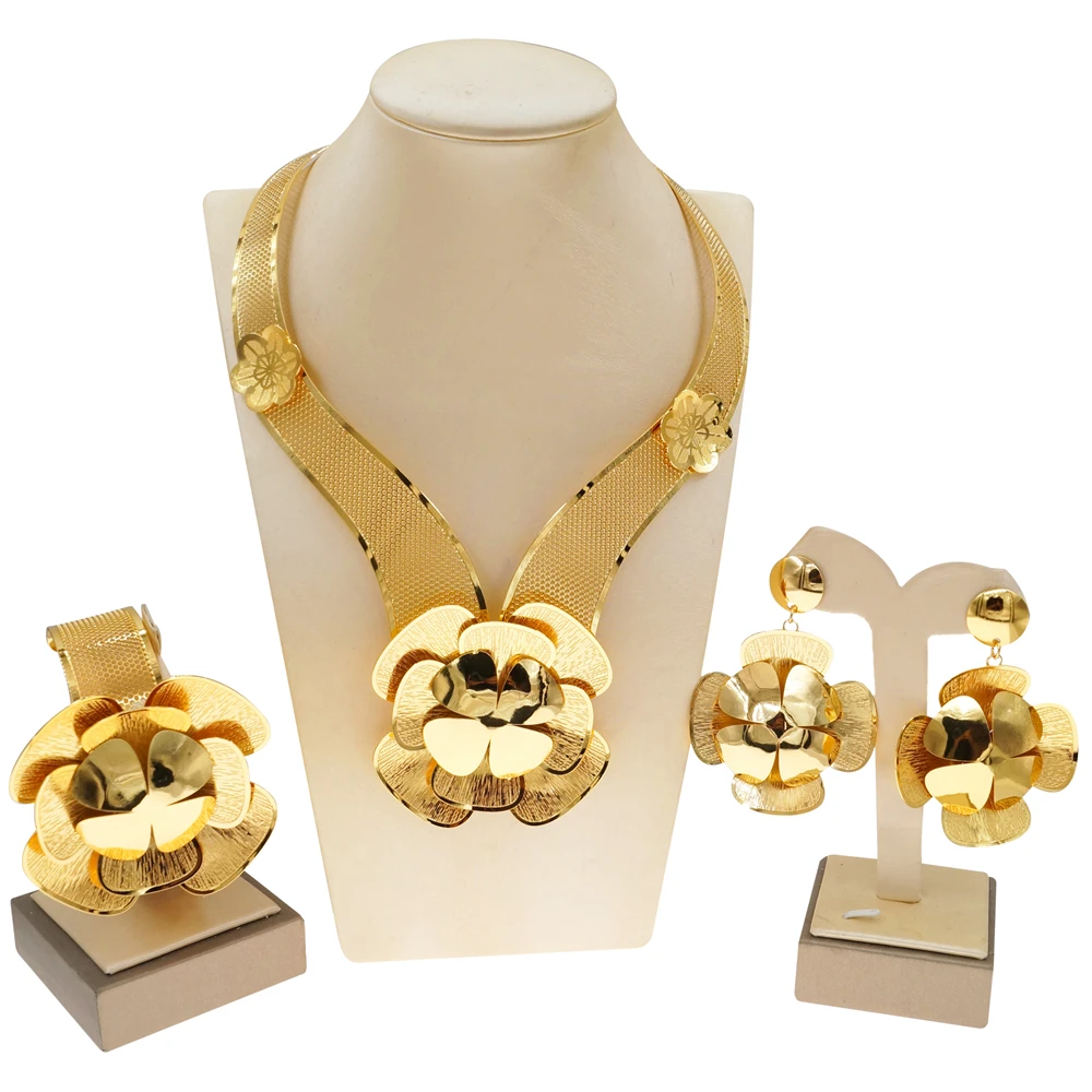 Latest 24K Colour Dubai Gold Plated Jewelry Set Ladies Flower Glossy Necklace Earrings Bracelet Wedding Accessories NH00031