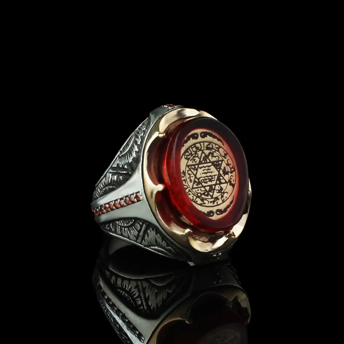 Suleiman's Star Silver Ring, Seal of Solomon Ring with Amber Stone, Star of David Men Ring, Handmade Engraved Suleiman Ring