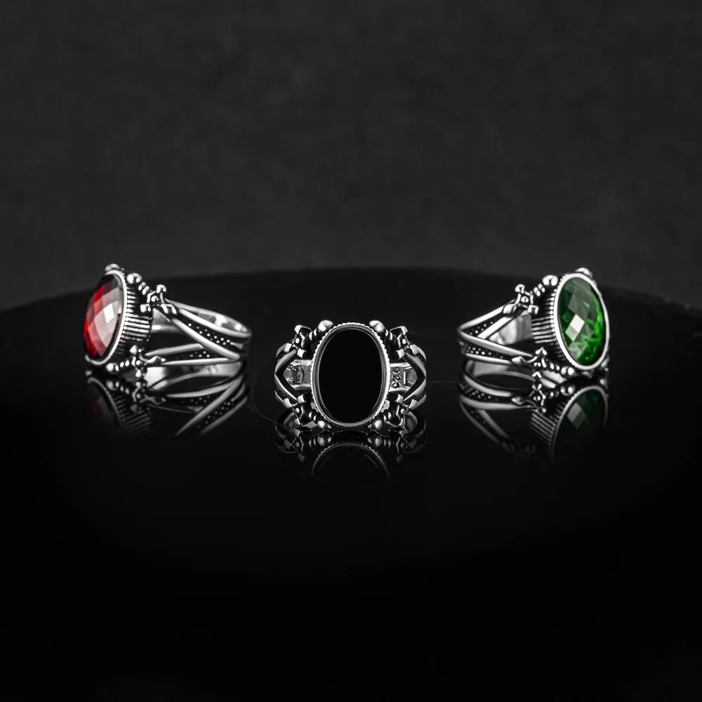 

Elegant Design Sterling Silver Red Zircon, Black Onyx, green Zircon Sword Design Men's Ring Jewelery Accessory Gift For Him