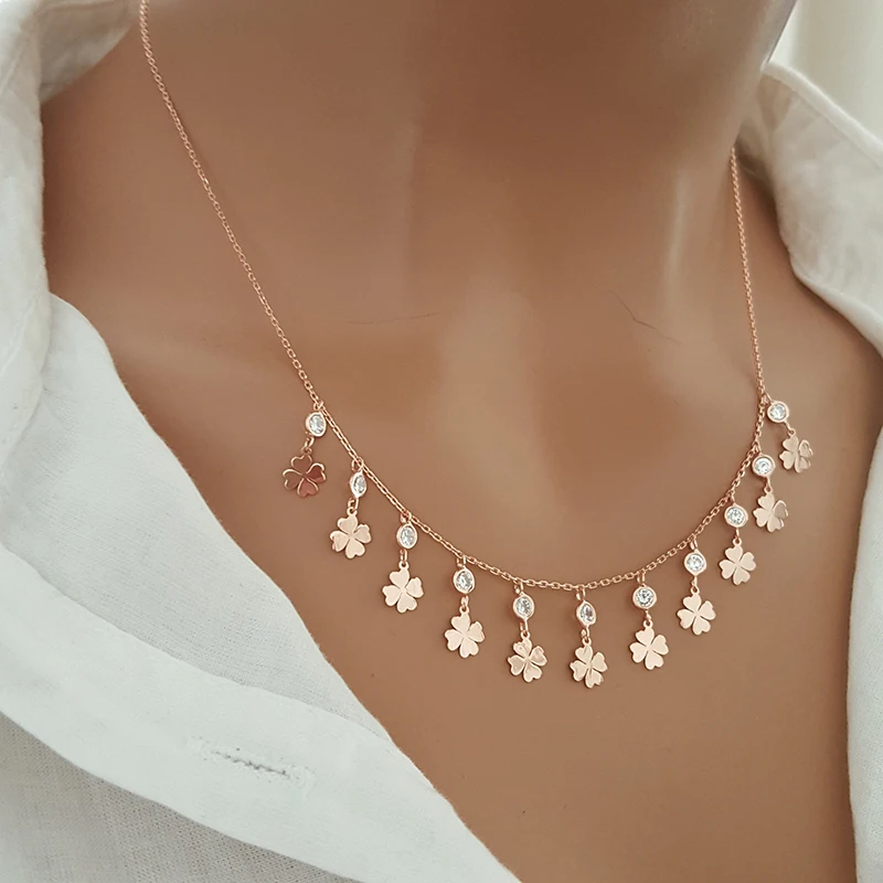 New Trendy Good Luck Clover Necklace 925 Silver Choker Ladies Gold Minimalist Disc Necklace Lucky Charm Fine Jewelry for Women