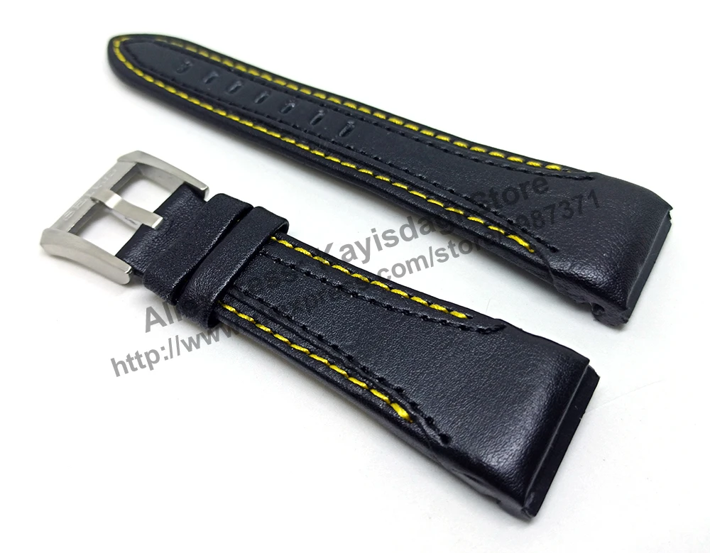 26mm Black Genuine Leather Yellow Stitched Watch Band Strap Compatible For Seiko Velatura 7T84-0AD0 - SPC049P1 SPC049P9