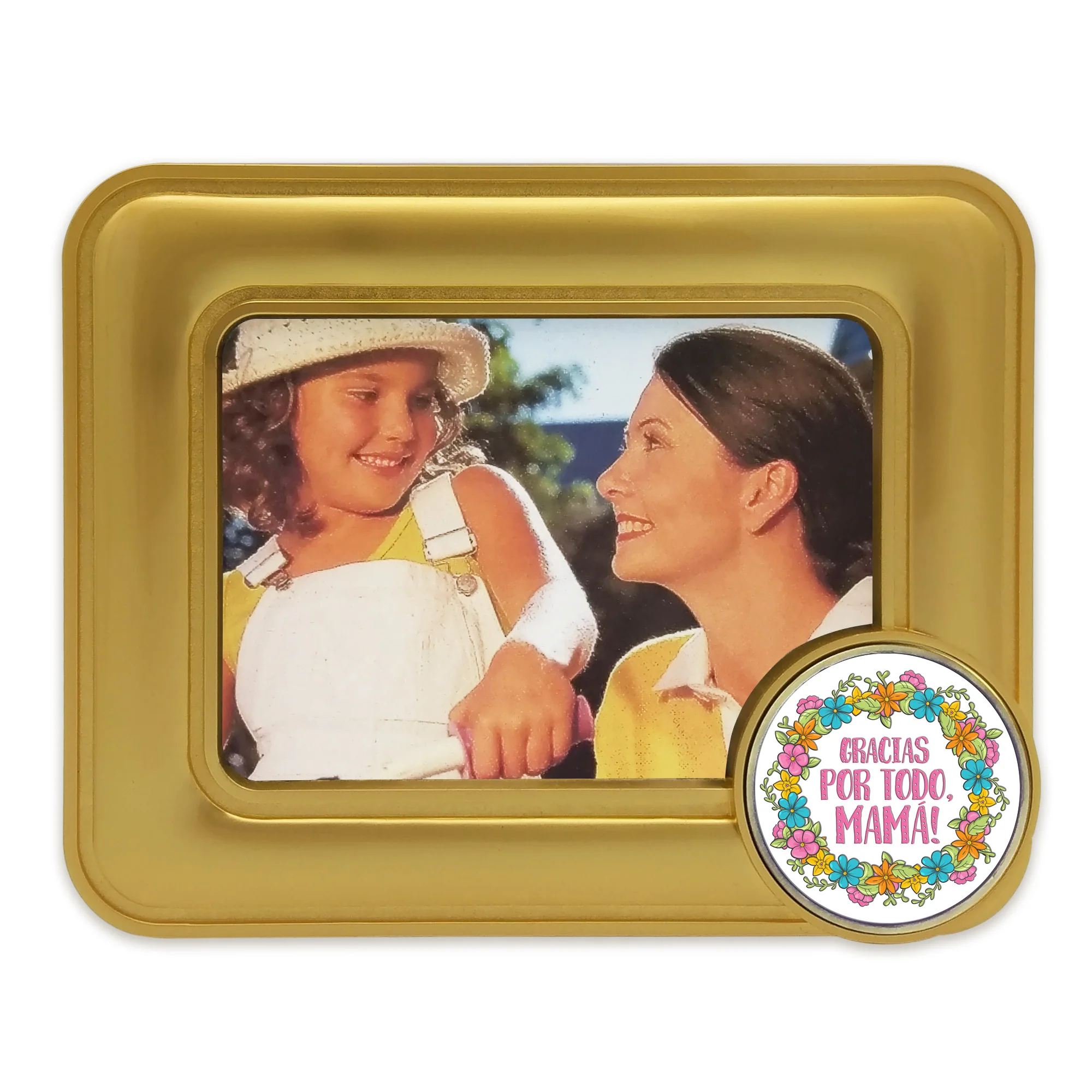 Gold Plated Metal Picture Frame - Mother´s Day - Metal Medallion with Crystal Dome - Choose among 8 designs.