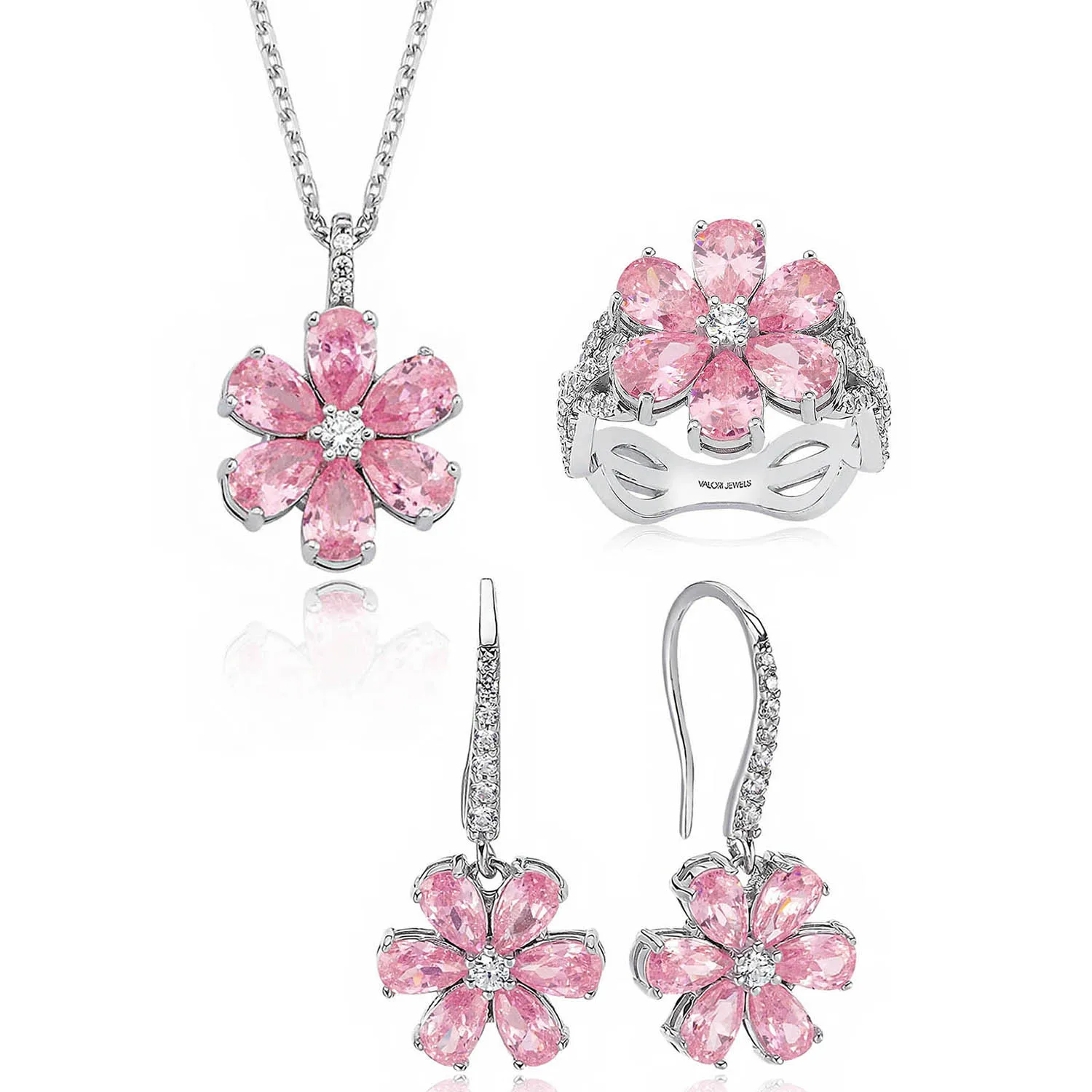 

Valori Jewels Magnolia Flower Set , 6 Ct Zircon Pink Pear Gemstone , Rhodium Plated ,925 Silver, Fine Jewelry