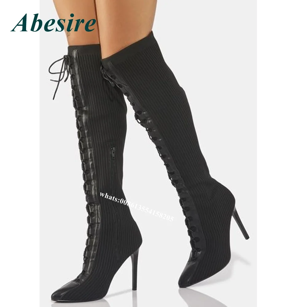 Black Knee High Women Boots 2022 New Arrival Pointed Toe Cross Tied High Heels Thin Heels Side Zip Long Boots Casual Spring Sexy