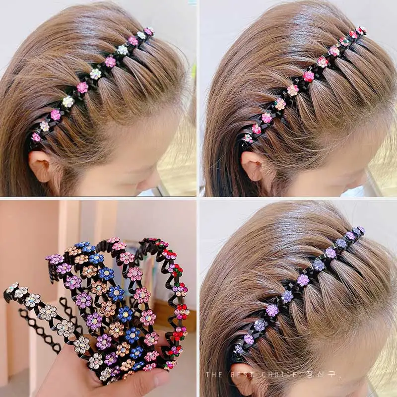 Non-Slip Rhinestone Headband Flexible Metal Wave Flower Hair Band Bezel Hair Hoop Casual Headwear Classic Sport Hair Accessories