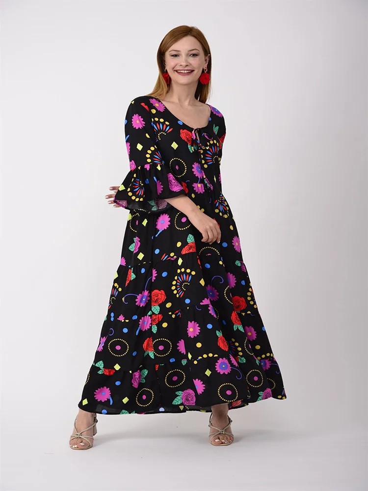 

Floral Patterned Flare Sleeve Cotton Viscose Fabric Long Dress 2022 New Production Women's Maxi Clothing Fashion