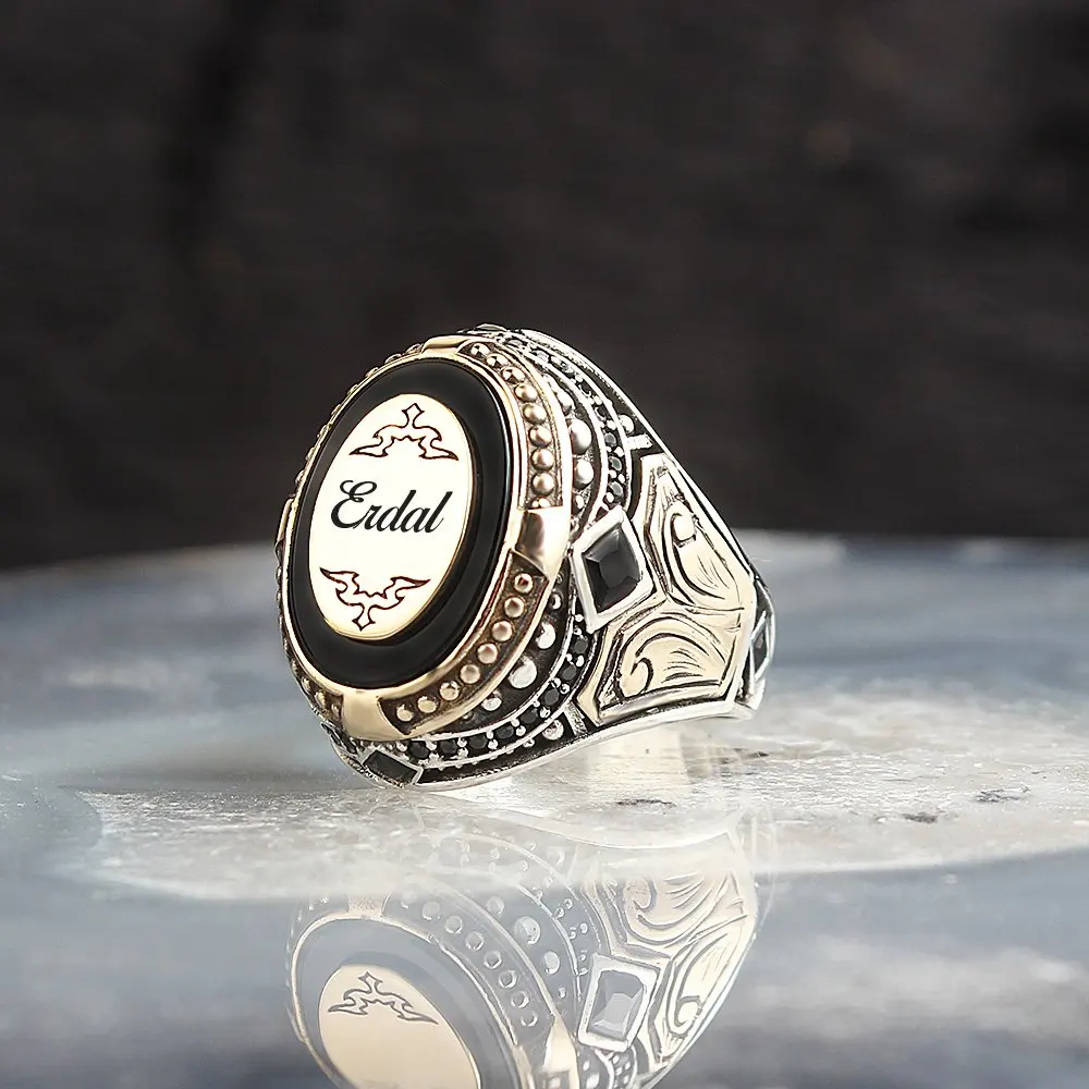 

MEN 'S Name Written Onyx Gemstone 925 Sterling Silver Men Ring Kişiselleştirilebilir Desired Name Written Design Made in Turkey