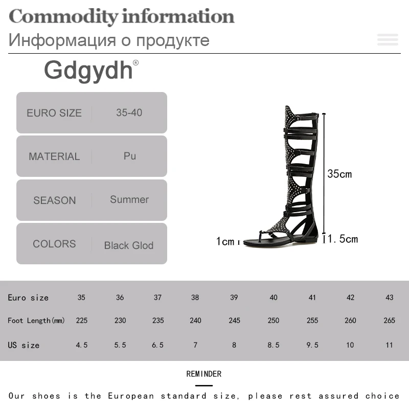 Gdgydh Flat Gladiator Sandals Women Knee High Open Toe Rivet Leisure Sandals with Zipper Black Golden Clip Toe Flip Flops Female