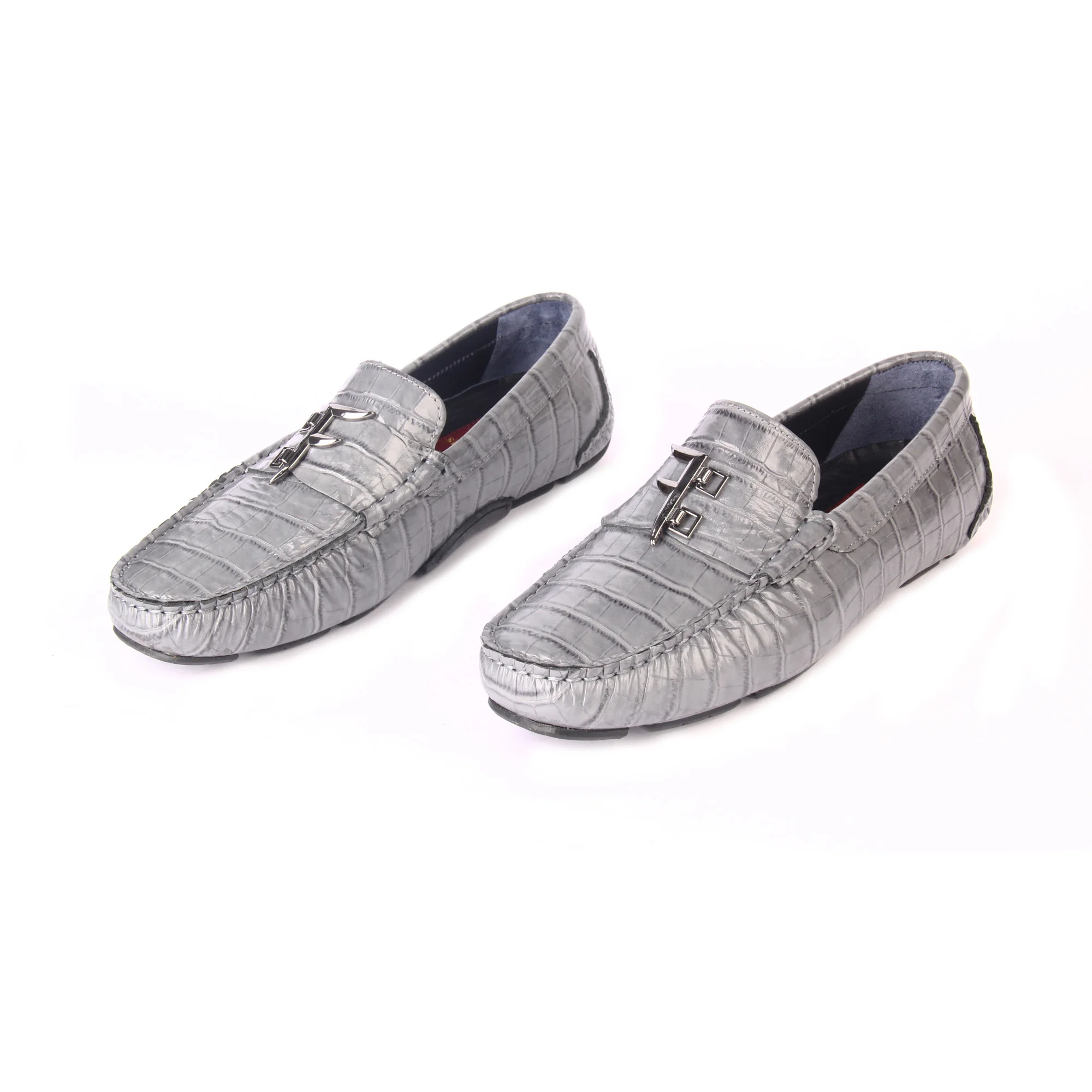 

Handmade Gray Flexible Loafers with Croco Alligator Skin Patterned Calf Leather, Metal Logo, Men's Casual Fashion Footwear 2021