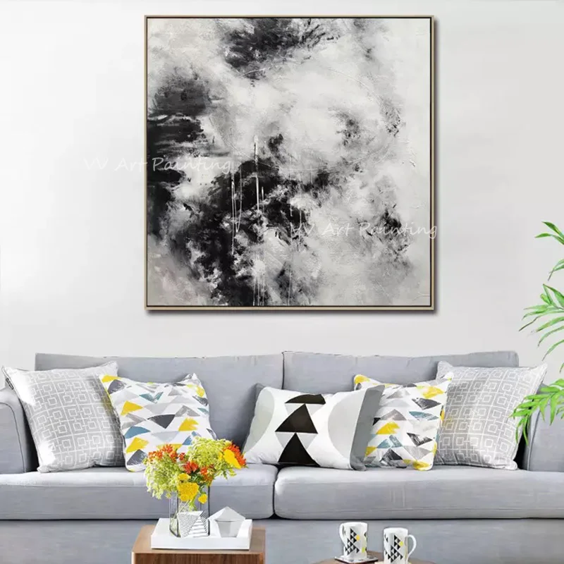 Original Hand-Painted Heavy Impasto Monochrome Oil Art, Chaotic Black White Splash Textured Painting, Scandinavian Home Decor