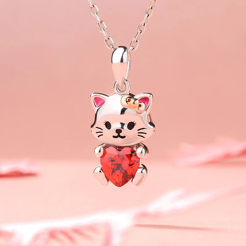 Fashion Income Cute White Cartoon Beloved Cat Animal Necklace Lively Cute Cat Hug Red Love Pendant Pet Cat Girl Gift