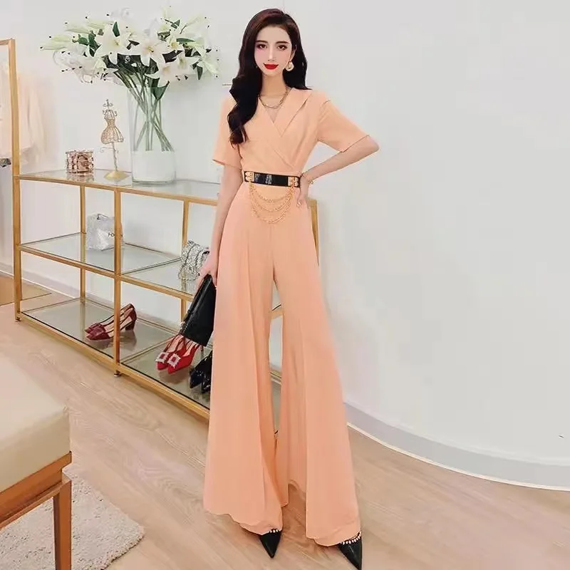 Bộ Quần Áo Mùa Hè 2022 Mới Voan Nối Nữ Cao Cấp Ống Rộng Jumpsuit Nữ Tính Khí Của Cổ Chữ V Jumpsuit