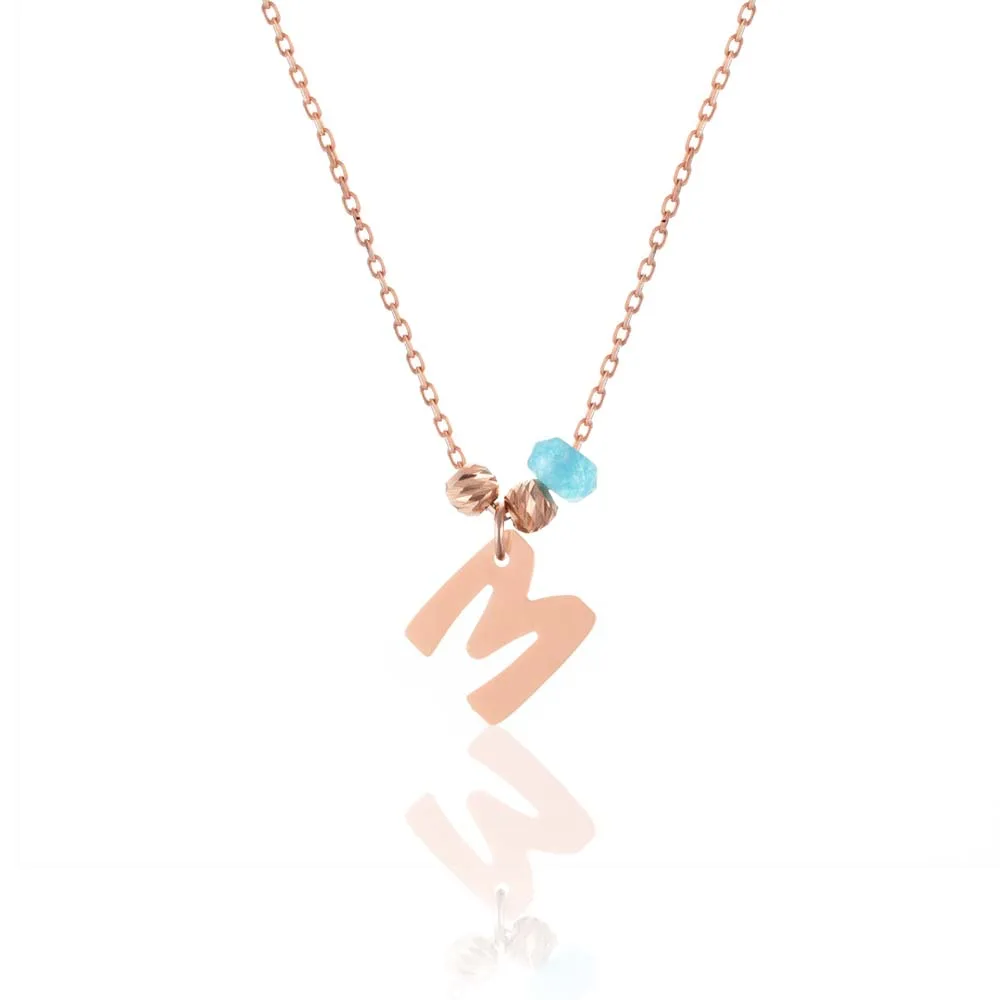 Necklace Jewelry Letter M Pendant 925 Sterling Silver Rose Gold Featuring Aquamarine Stone with 43cm Chain