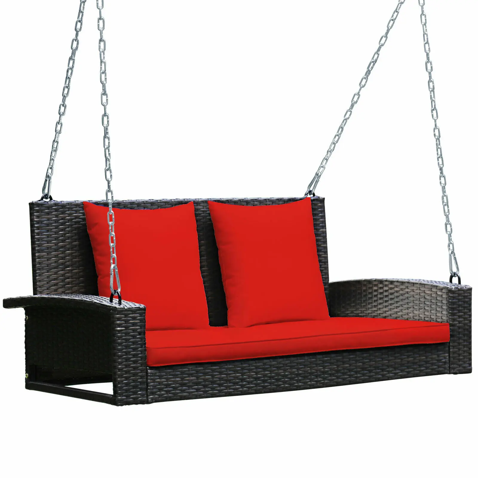 Patiojoy 2-Person Patio Rattan Hanging Porch Swing Bench Chair Cushion