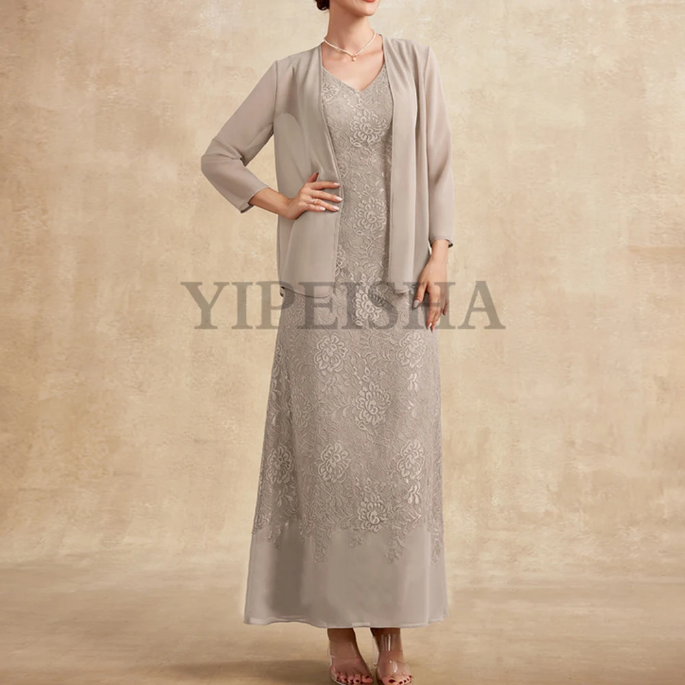 

Customized V-Neck Chiffon A-Line Mother Of The Bride Dresses With Jacket Lace Appliques Tea-Length Wedding Guest Gown Robe De So