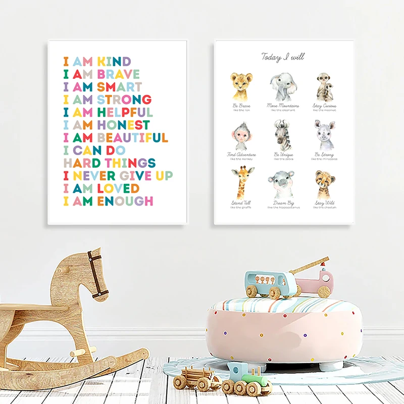 

Kids Affirmation Wall Art Pictures Canvas Painting Safari Animal With Positive Mindset, Be Brave Quote Print Nordic Poster Decor