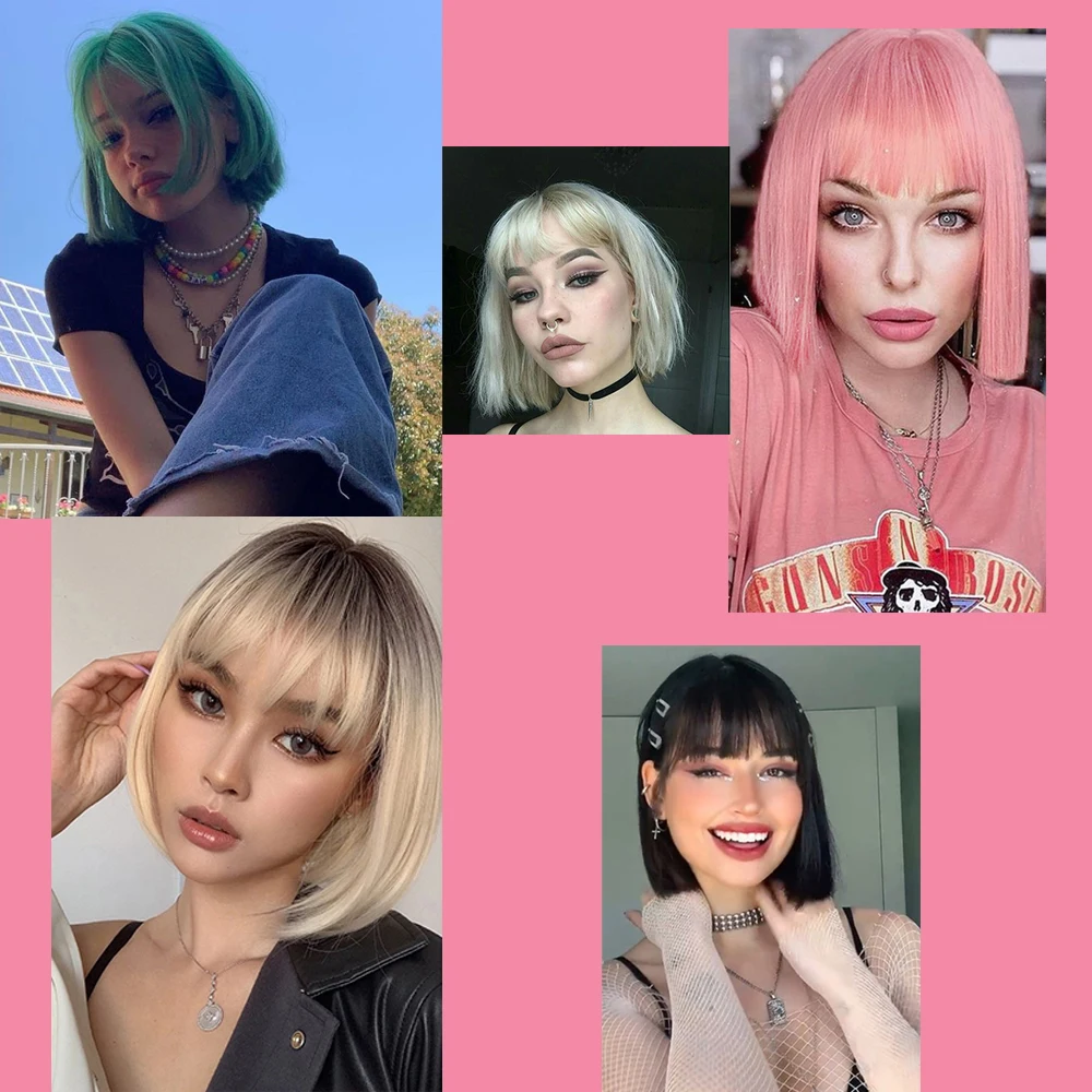 N C Cosplay Bangs Cute BoBo Head Wig 25CM Synthetic Hair Pink Green Fluffy Soft Short Straight Hair Matte Breathable Headgear