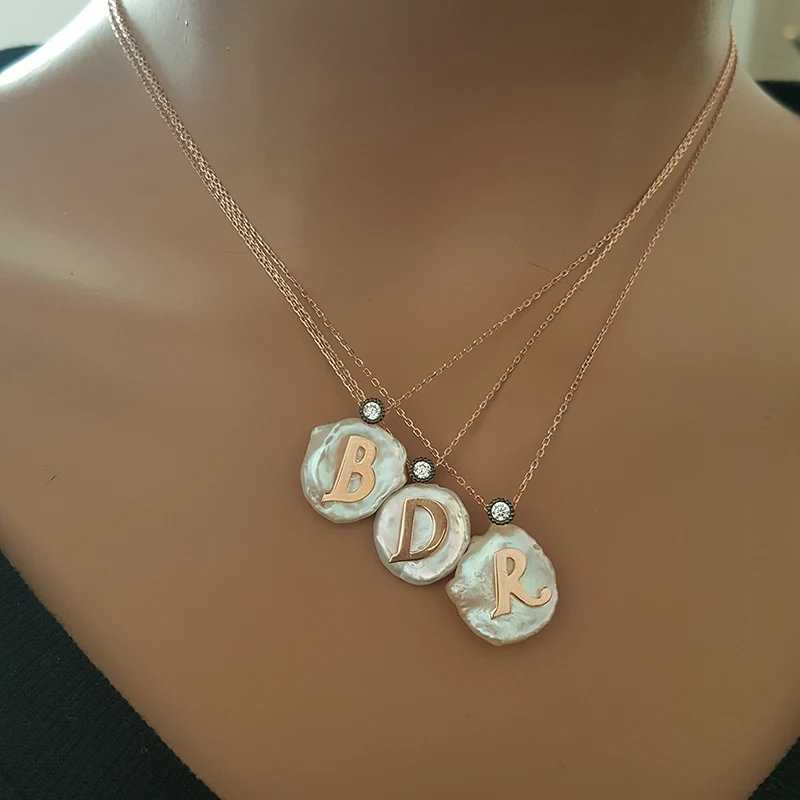 Trendy Initial Letter Id Dainty Custom Design Personalised Necklace Natural Pearl Fashion Rose Gold Customized Fine Jewellery