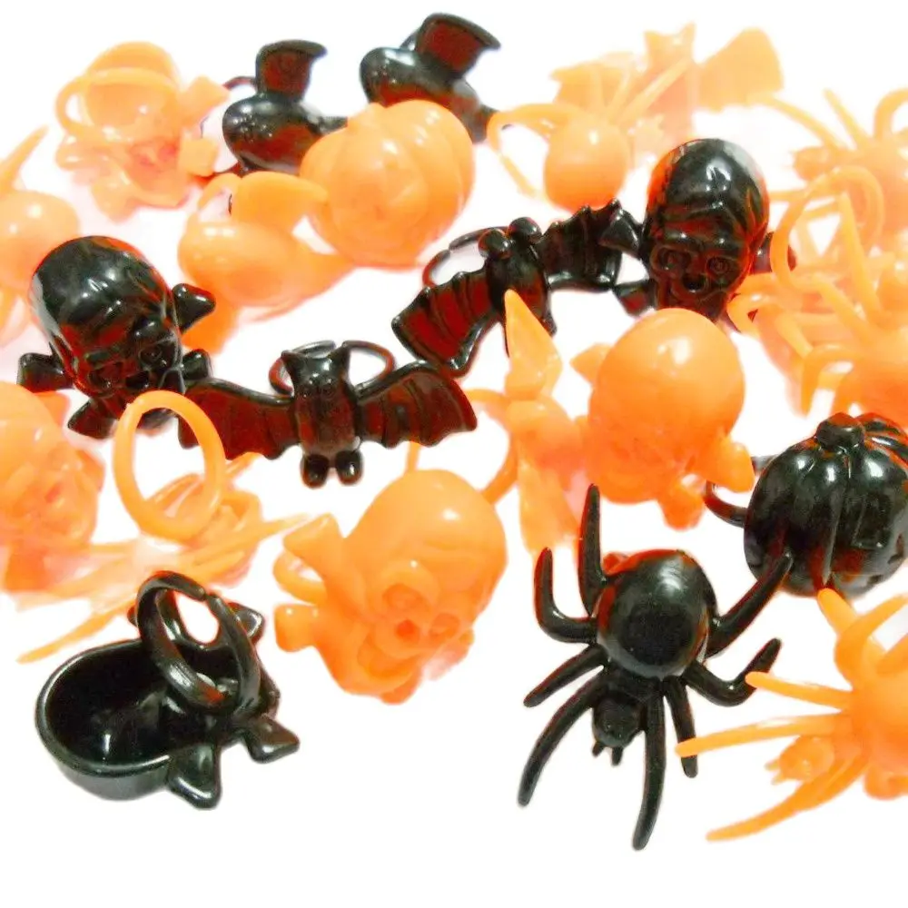 100 Piece Plastic Halloween Pumpkin Witch Skull Skeleton Rings Jewelry Pinata Bag Filler Novelty Birthday Joke Party Favors Gift