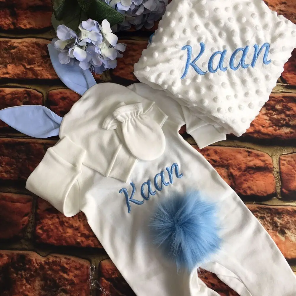 Personalisierte Baby Body Mädchen Junge Name Kleidung Babys Custom Outfit Bestickt Hut Decke Set Neugeborenen Geschenk Baumwolle Body