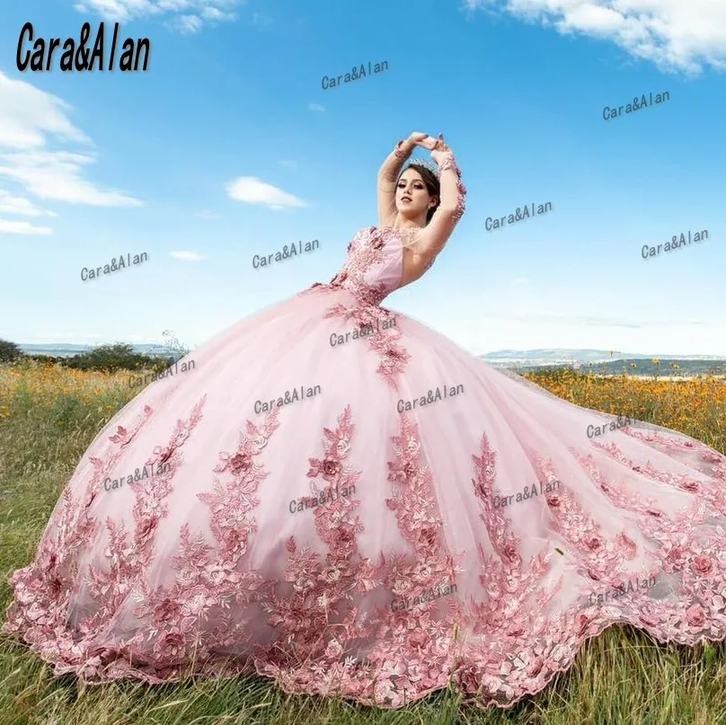 Elegant Pink Quinceanera ชุดดอกไม้ Appliques Sweet 16ประกวด Gowns แขนยาว Vestidos De Xv ปี