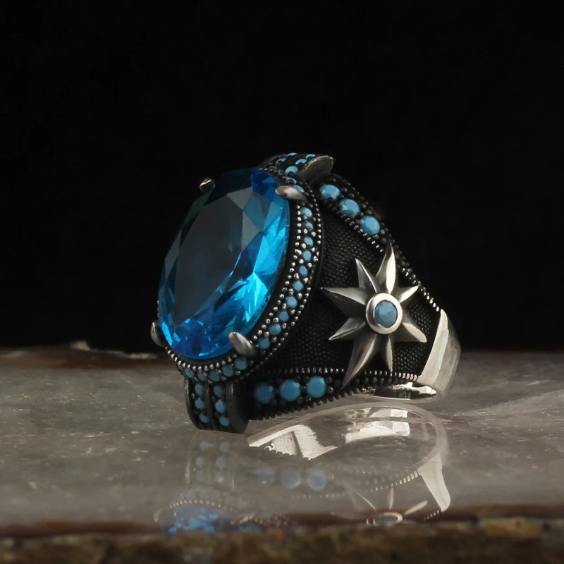 

Men's Blue Topaz Cubic Zirconia Real 925 Sterling Silver Ring All Sizes Custom Design 2022 Fashion Trend Accessories Products Free Shipping
