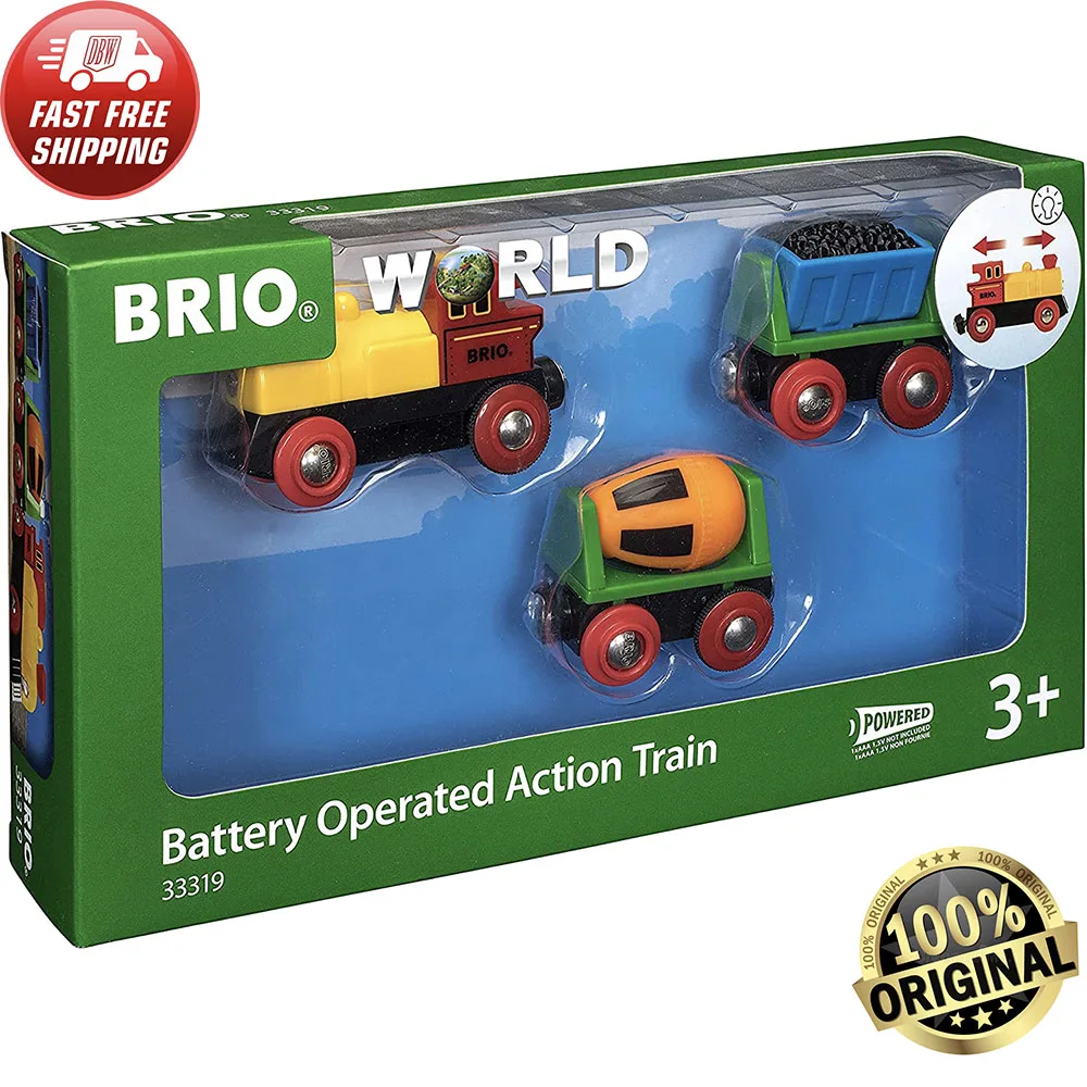 Brio World - 33319 Battery Operated Action Train - 3 Pieces Toy Train For Kids 3 years and Over - Locomotive with Wood Rail