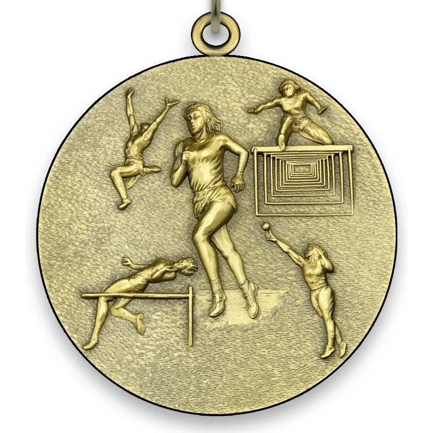 Large Metal Track and Field Medal - Female - Gold - 6,4 cm - with Neck Ribbon size 2,2cm x 80 cm - Choice of Ribbon Colours.