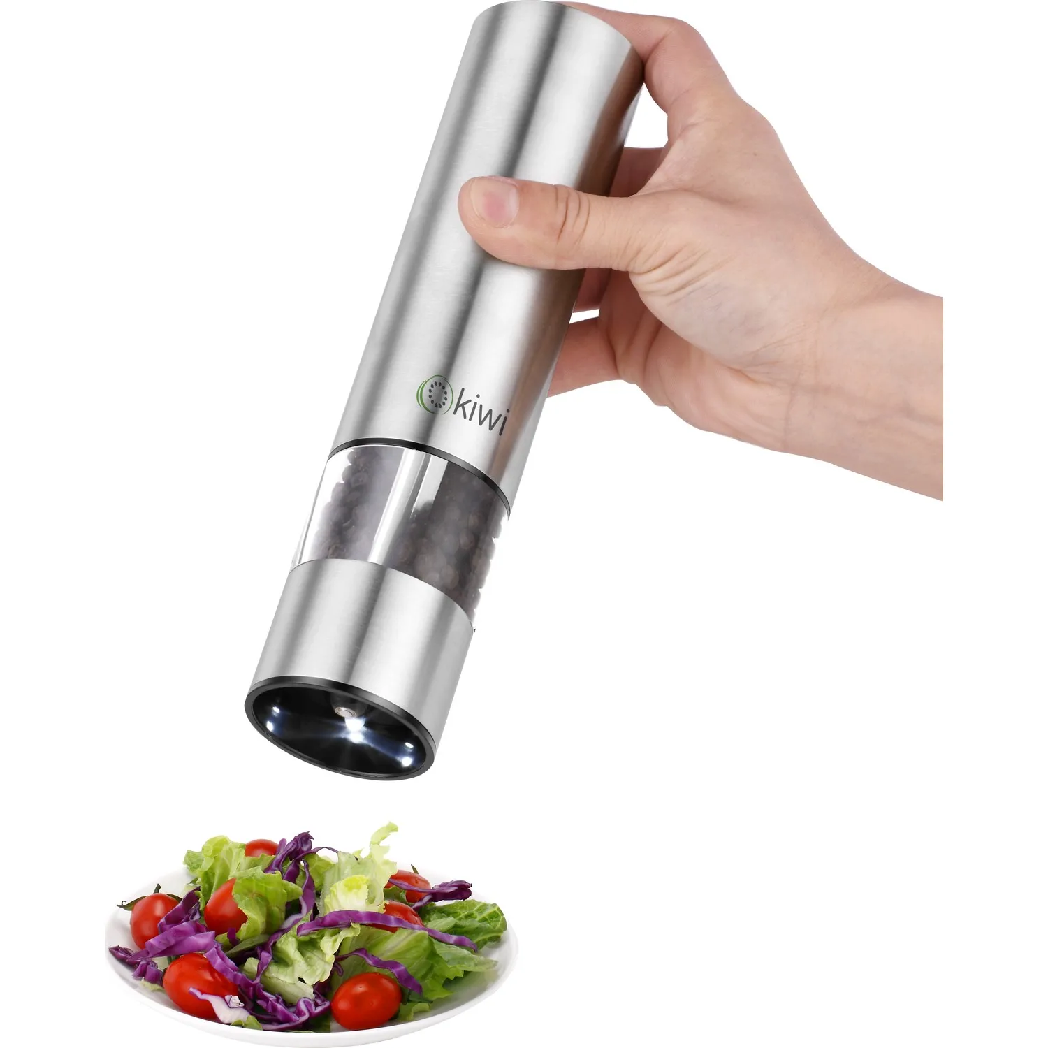 KIWI 4806 BATTERY-LED LIGHTED GRAY SALT SPICE GRINDERS Seasoning grinder with salt, pepper and similar grains with Stainless Ste