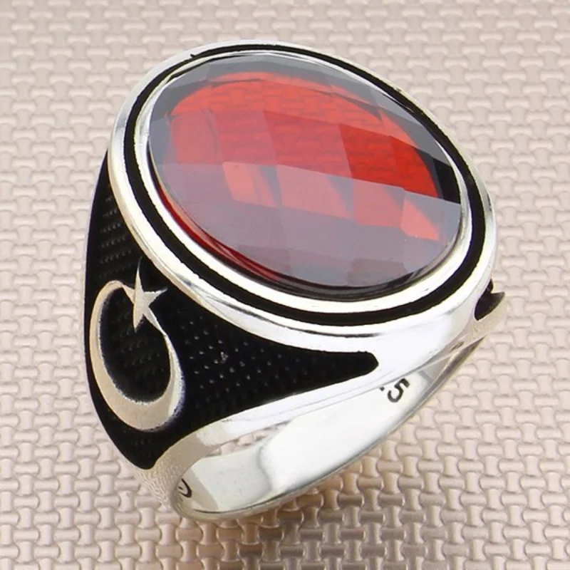 SILVERFONI Real 925 Sterling Silver Ring For Men Stylish Jewelry Fashion Red Zircon Stone Gift Male Accessories All Size 2021