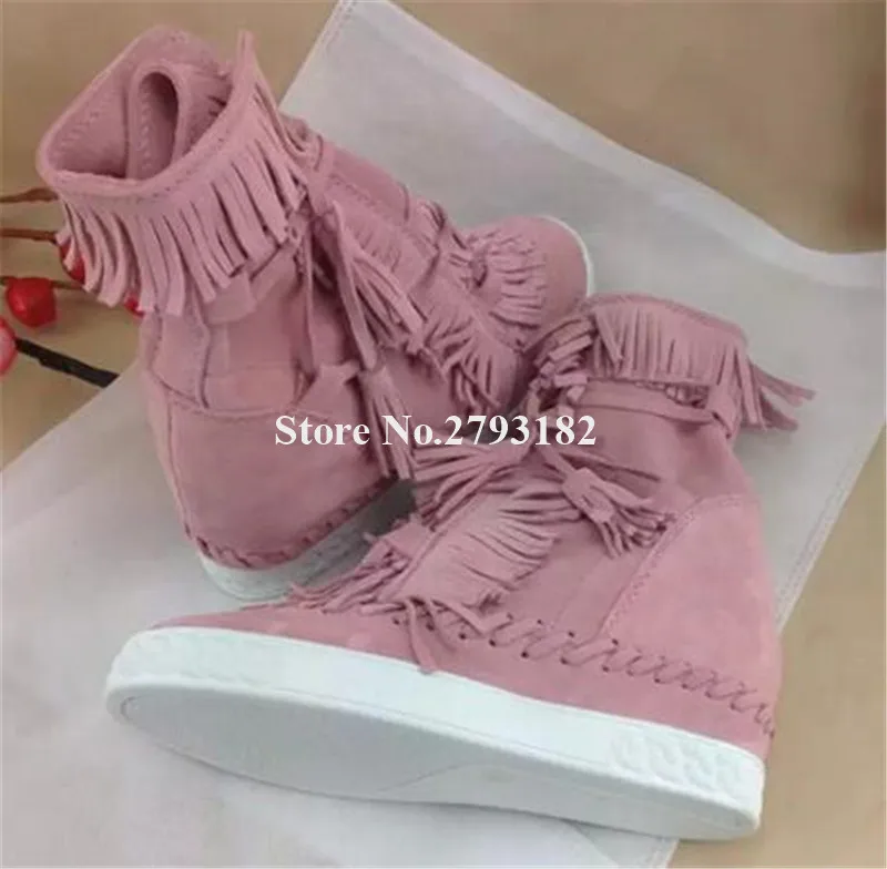 

Newest High Quality Tassels Suede Leather Woman Casual Wedge Short Boots Height Increasing High Top Shoes Leather Wedge Shoes