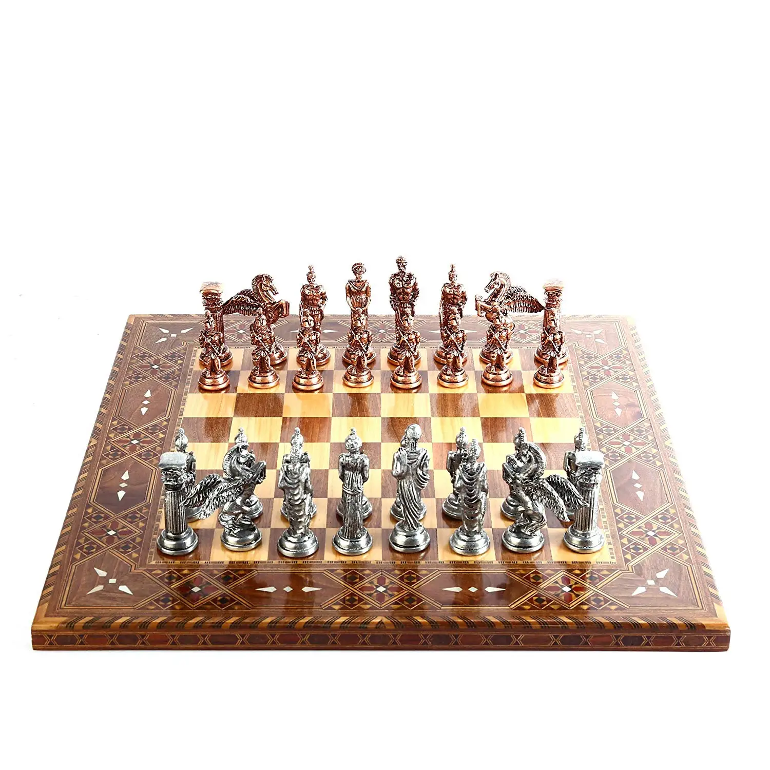 Mythologic Pegasus Antique Copper Metal Chess Set,Handmade Pieces,Natural Solid Wooden Chess Board,Original Pearl, King 9.5cm