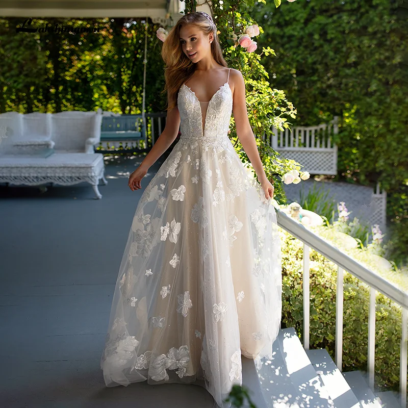 Vestido de novia de encaje Floral, línea A, playa, tirantes finos, Princesa, apliques de encaje con cuentas