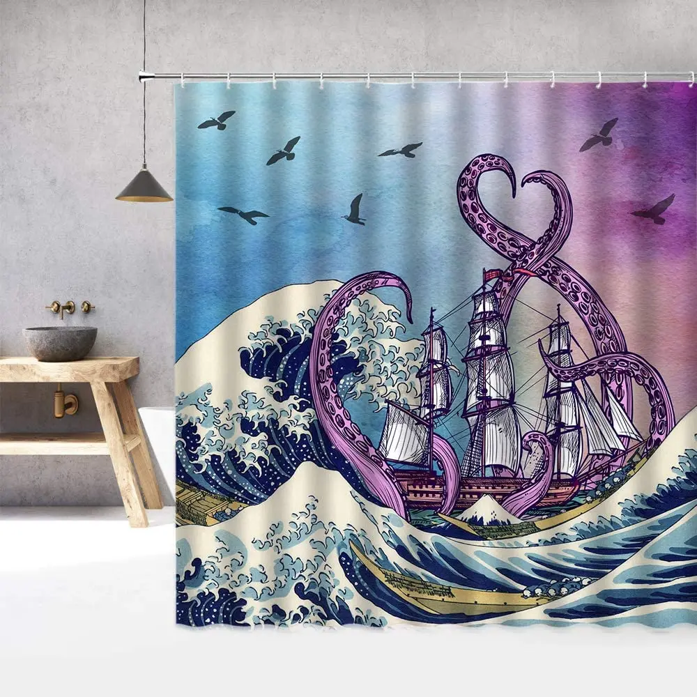 Funny Cat Octopus Japanese Anime Kraken Monster Hokusai The Great Waves Kanagawa Antique Ocean Scenery Shower Curtain