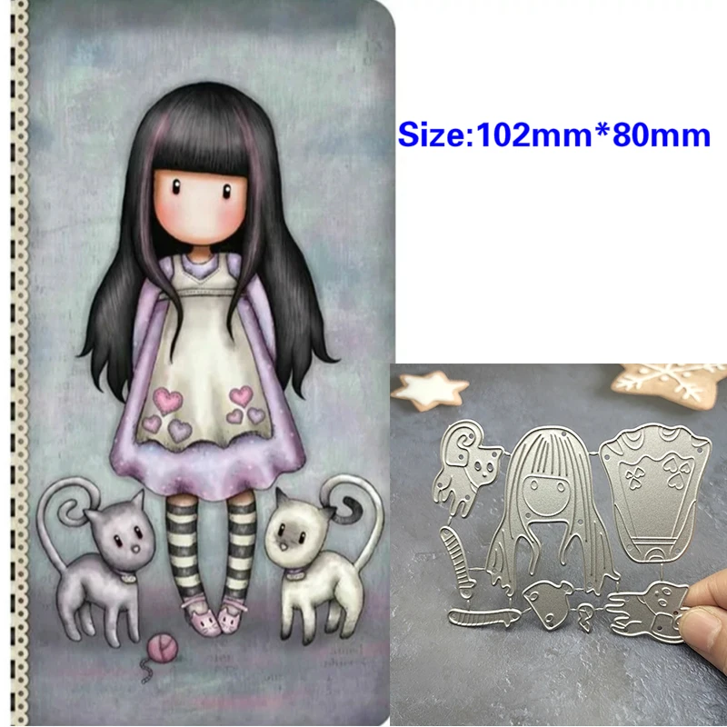 2022 New Arrival Cute Purple Skirt Girl with Cat Metal Cutting Dies for DIY Scrapbooking Long Hair Princess Stencils Card Making