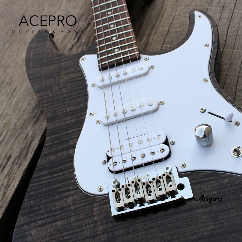 In Stock Acepro Electric Guitar Transparent Black Flame Maple, Wilkinson Tremolo, Humbucker Pickup Split Coil, Quality Guitarra