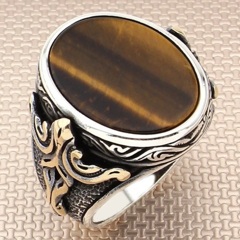 

SILVERFONI Real 925 Sterling Silver Ring For Men Stylish Jewelry Fashion Tiger Eye Stone Gift Male Accessories All Size 2021