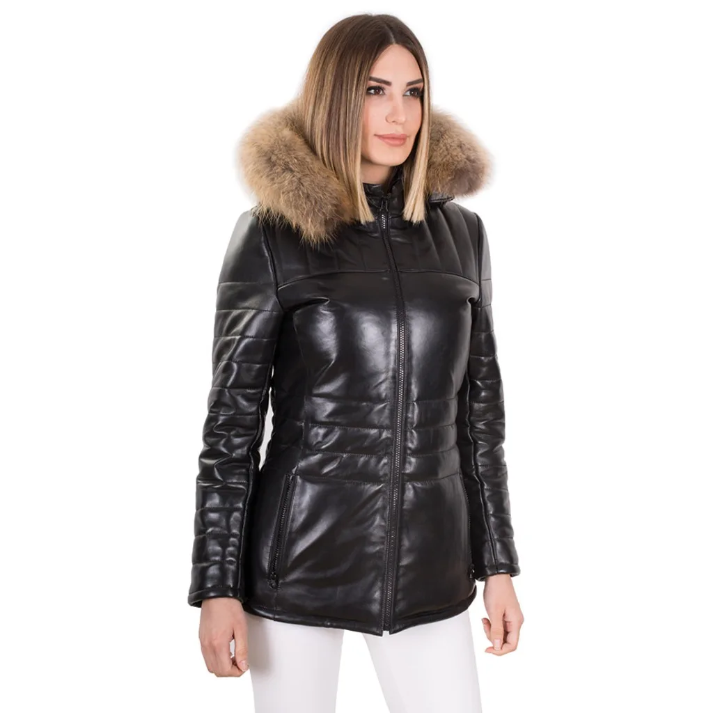 Veste d'hiver en cuir imperméable pour femme, manteau Long à col fourrure, couleur noire, peau de mouton véritable, garde la chaleur