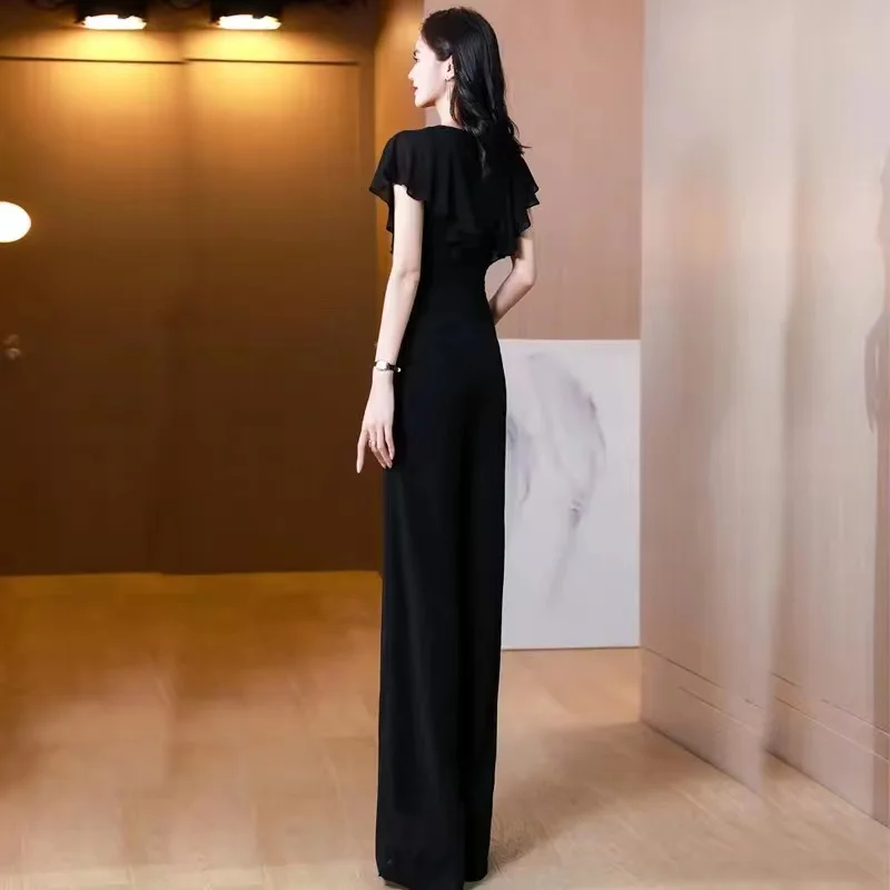 Estate 2022 nuovi pantaloni monopezzo Top in Chiffon nero da donna manica lunga pantaloni larghi sottili tuta femminile